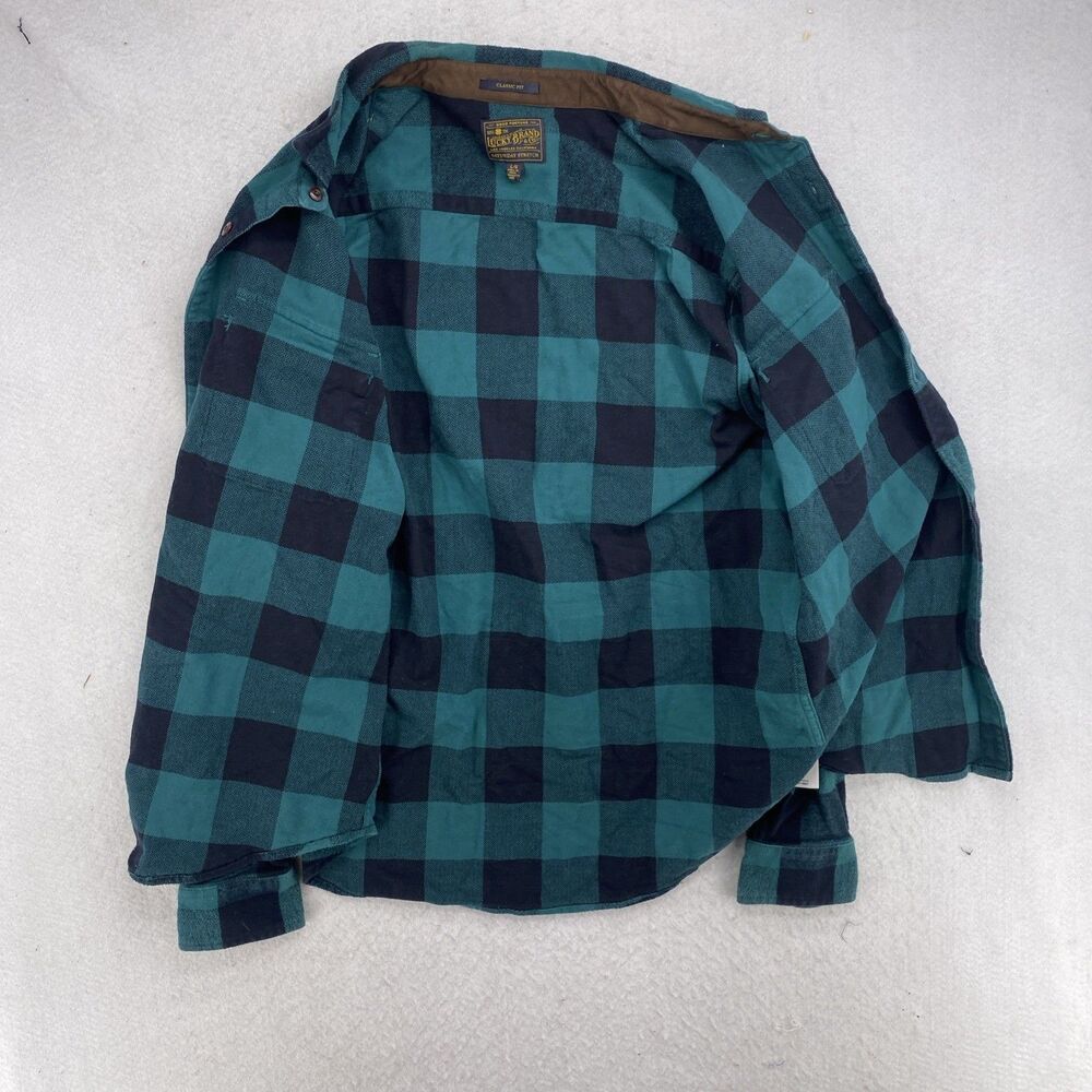 Lucky Brand Saturday Stretch Flannel Shirt Men's XL Green Buffalo Plaid Cotton - Picture 3 of 8